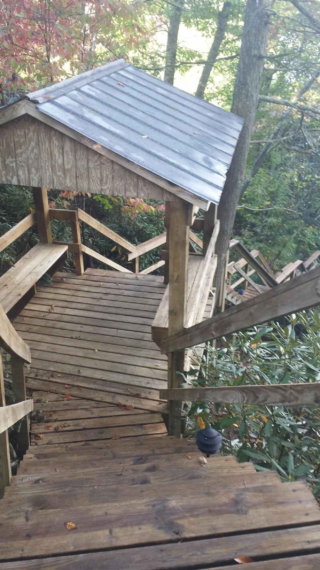 Metal roofed shelter over wooden steps on a wooded walkway — Skylight Repair & Installation work by our crew in Haleyville